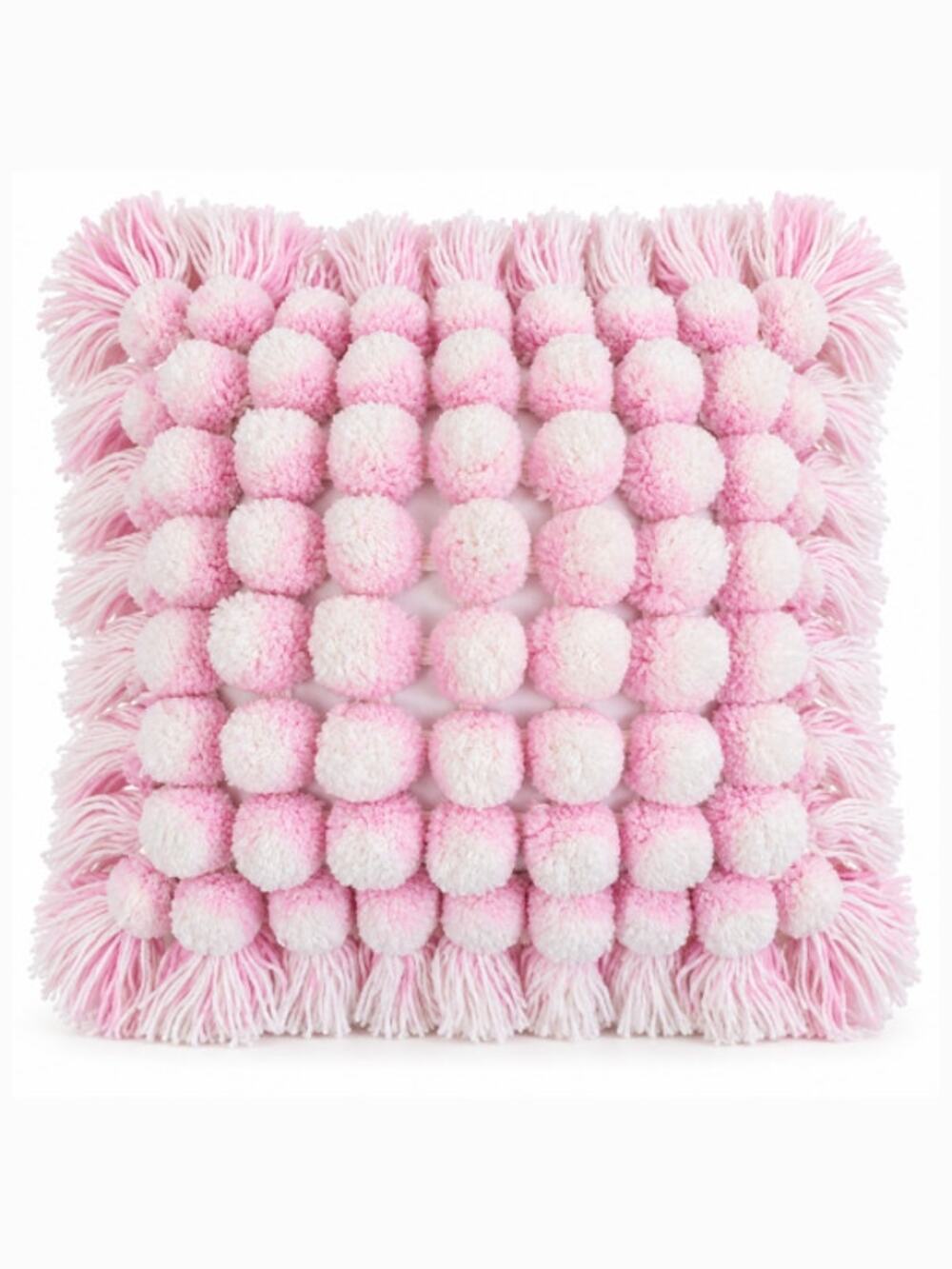 Vintage Handmade Pom-Pom Pink Pillow Boho Cushion Throw Fringe Cottagecore